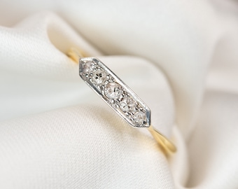 Unique Geometric Engagement Ring, Five Stone Diamond Ring Size M - 18 Carat Yellow Gold & Platinum  Vintage Edwardian Era Promise Ring