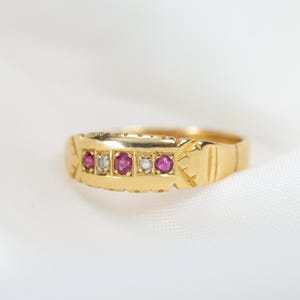 Antique Five Stone Ruby & Diamond Ring Size O - 18ct Gold Band Geometric Engraving, Birthstone / Perfect Anniversary Gift!