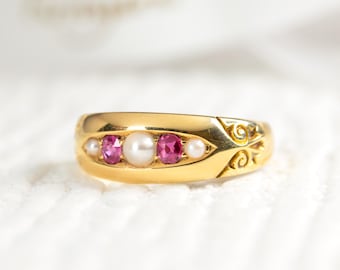Victorian Ruby & Pearl Ring – 18k Yellow Gold Swirl Band, Size N