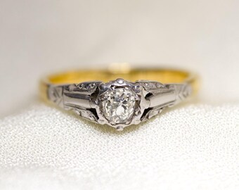 Vintage Diamond Solitaire Ring – 18k Gold & Platinum, Engraved Victorian Ring, Size K.5