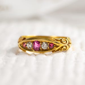 Vintage 1881 Victorian Ruby & Diamond Ring Size K.5 - 18 Carat Yellow Gold Pink Birthstone Swirl Engraved Antique Engagement / Promise Ring