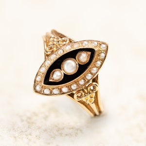Unique Vintage Art Deco Black Enamel, Rose Gold Pearl Ring Size P - The Perfect Antique Anniversary Gift (30 Years) Beautiful Statement Ring