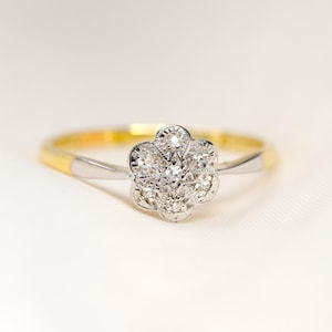 Delicate Edwardian Daisy Flower Cluster Diamond Ring 18 Carat Yellow Gold + Platinum Size P - Unique Vintage Engagement / Promise Ring