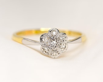 Delicate Edwardian Daisy Flower Cluster Diamond Ring 18 Carat Yellow Gold + Platinum Size P - Unique Vintage Engagement / Promise Ring