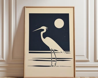 Minimalist Heron Wall Art, Night Bird Silhouette Print, Woodcut-style Moon and Stars, Japandi Decor, Navy and Beige Print, Instant Download