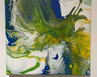 Abstract Acrylic Fluid Art Painting 20x20cms - 'Splash of Lime'
