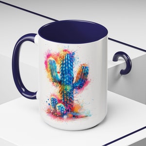 Wonderous Artistic Cactus Pattern 15oz Ceramic Coffee Mug - Unique Cactus Lover Gift, Handcrafted Drinkware