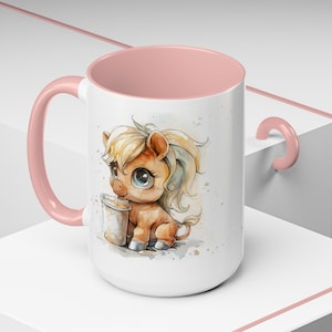 Pony Drinking Coffee Mug - 15 oz Ceramic Horse Lover Gift - Cute Illustrated Horse Cup for Tea & Coffee