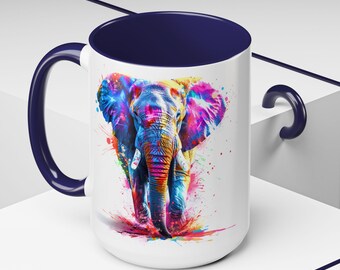 Elephant Ceramic Coffee Mug: Artistic Colorful Design, 15oz