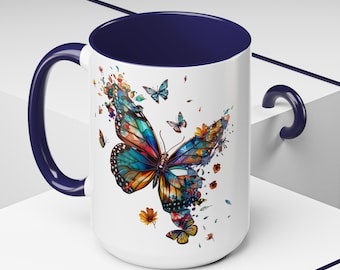Gebrandschilderd glas vlinder koffiemok 15oz – Handgemaakte kleurrijke koffiekop cadeau voor natuurliefhebbers