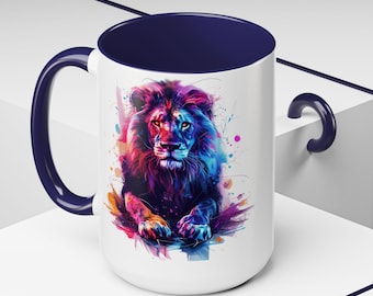 Artistic Lion Mug: Unique Animal Design Coffee Cup (15oz)
