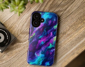May include: A phone case with a colorful abstract design. The case is black with swirls of blue, green, purple, and pink. The case has a cutout for the camera lens.