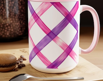 Paarse en roze gestreepte keramische koffiemok – cadeau voor koffieliefhebbers