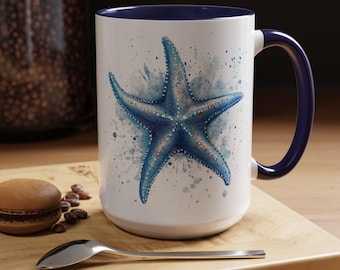 Tasse à café étoile de mer : tasse artistique côtière océan en céramique - 15 oz