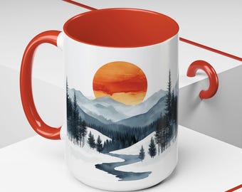 Verschneite Berg Kaffeetasse: Künstlerische Winterlandschaft , 15oz Keramik