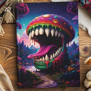 Może przedstawiać: Kolorowy notatnik z surrealistyczną ilustracją potwornego grzyba z szeroko otwartymi ustami i długim językiem. Grafika osadzona jest na tle tętniącego życiem krajobrazu z gwiaździstym niebem, drzewami i ścieżką.