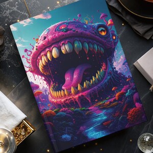Może przedstawiać: Twarda oprawa dziennika z surrealistyczną ilustracją potwornego stworzenia z otwartymi ustami, pełnymi zębów i długim językiem. Grafika wykorzystuje żywe odcienie fioletu, różu, błękitu i zieleni, tworząc fantastyczny krajobraz.