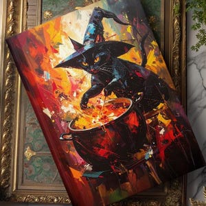 May include: A framed canvas print depicting a black cat in a witch's hat, stirring a cauldron. The artwork uses vivid reds, oranges, and yellows, creating a dramatic and magical scene. The print is set within a gold-toned frame.
