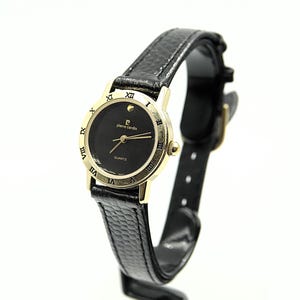 PIERRE CARDIN Gold Plated Case and Roman Numerals Bezel Black Dial Dress Watch - original - running