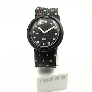 Working Vintage POP Swatch Watch 1989 Studded‎ Fabric Strap Black 39mm Rare Runs Working Vintage POP Swatch Watch 1989 Studded Fabric Strap  main image 4