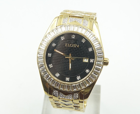 ELGIN Gold Tone Jeweled Bezel Band and Hour Markers Men  display picture 3