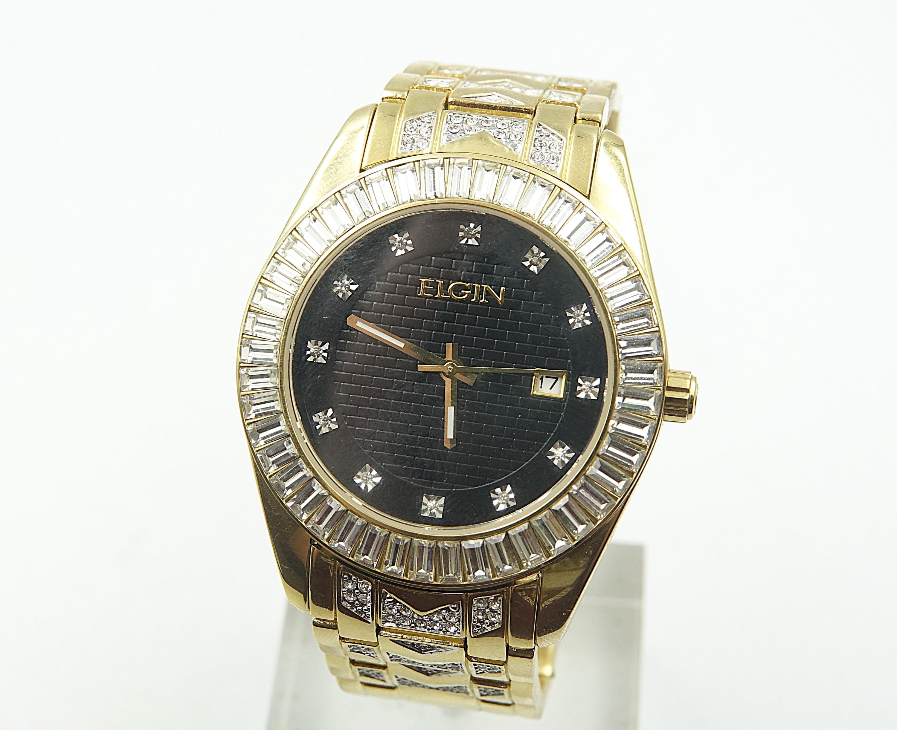 ELGIN Gold Tone Jeweled Bezel Band and Hour Markers Men Watch Ref