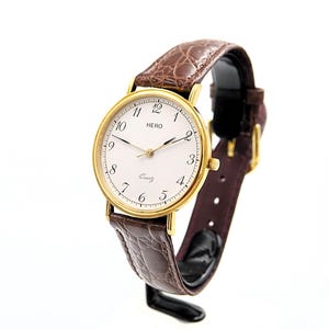 HERO Gold Plated Model On A Brown Leather Band - Fashion Watch - original -  French Fashion Designer - running
