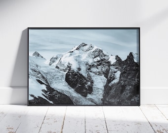 Piz Bernina & Biancograt Zwart-witprint | Bergtoppen van de Zwitserse Alpen in Engadin, Graubünden | Zwitserse bergfotoposter