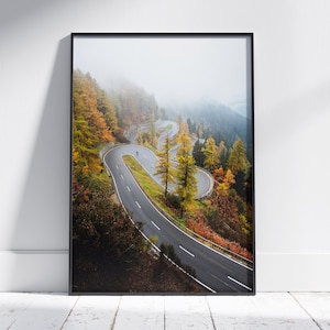 Puede incluir: Un camino sinuoso a través de un bosque brumoso con follaje otoñal. El camino se curva y se tuerce a través de los árboles, con una ligera niebla en el aire.