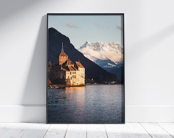 Chillon Castle Switzerland Print | Château de Chillon at Lake Geneva, Montreux | Medieval Water Castle Poster | Swiss Alps | Moated Castle