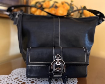 Vintage Coach Soho Black Leather Buckle Bag & Matching Wallet Set