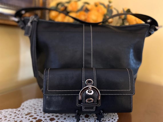 バッグ Vintage Coach Soho Hand Bag Black Vintage Coach Soho Black Leather Buckle Bag & Matching Wallet Set