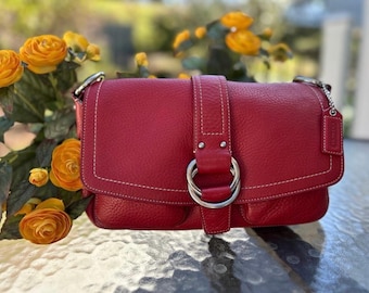 Vintage Y2K, Coach Chelsea Pebbled Red Leather, Tan Strap Hobo, Shoulder Bag