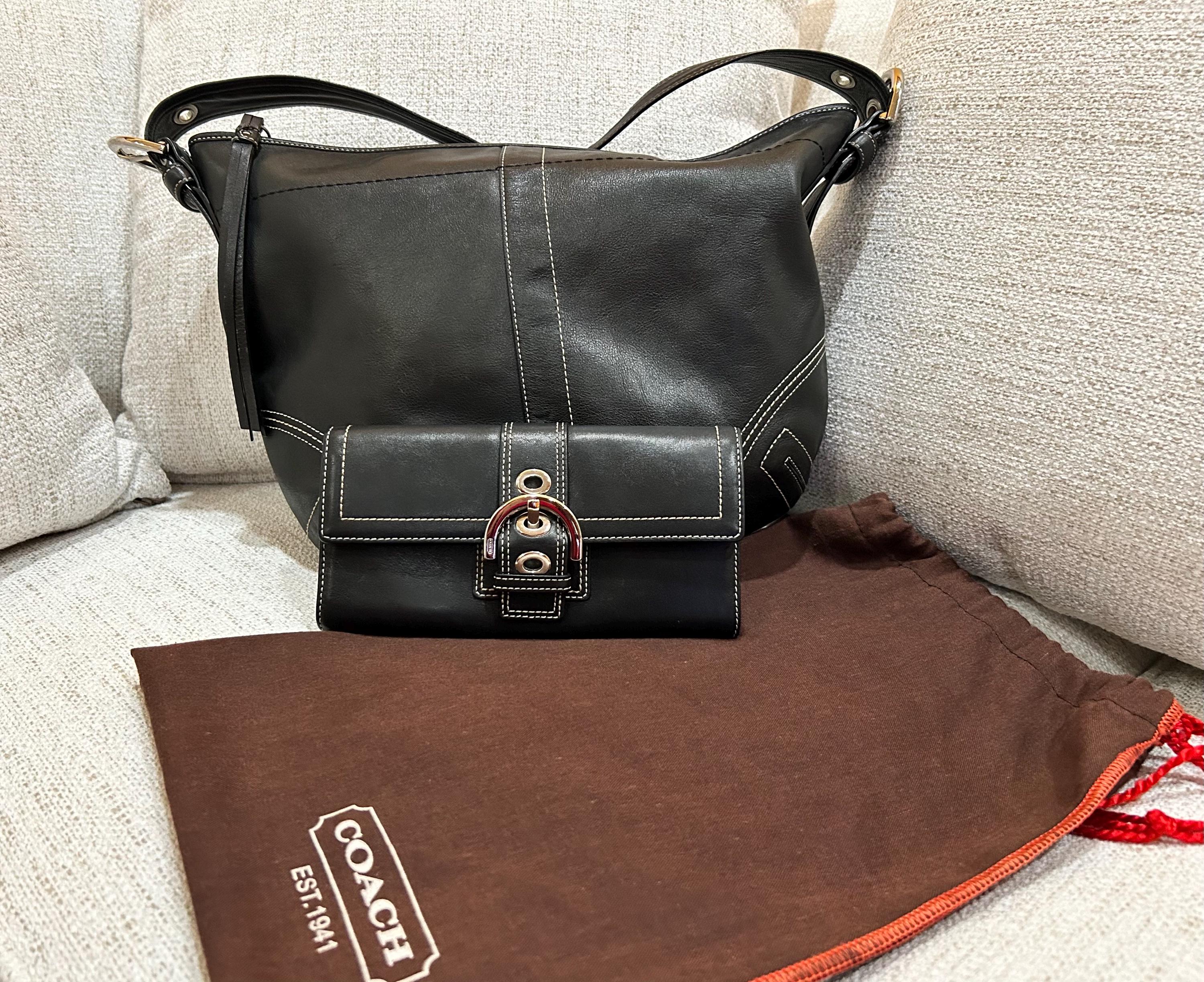 Vintage Coach Soho Black Leather Buckle Bag & Matching Wallet Set