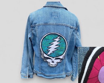 Women's Large Steal Your Face jean jacket, stealie jean jacket, grateful jean jacket,  OOAK hippie jean jacket, OOAK Dead clothing AA