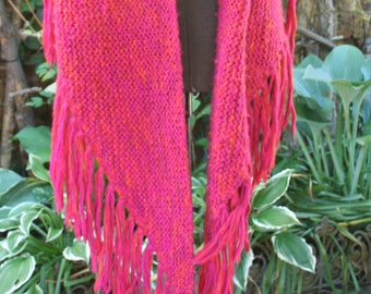 Bright pink knit shawl fringe hippie