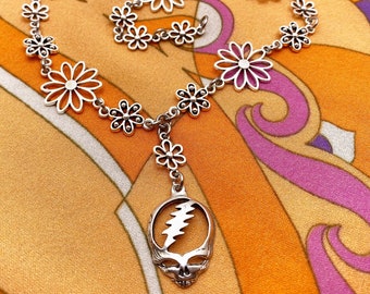 Steal Your Face and flower necklace pewter stainless steel grateful jewelry hippie