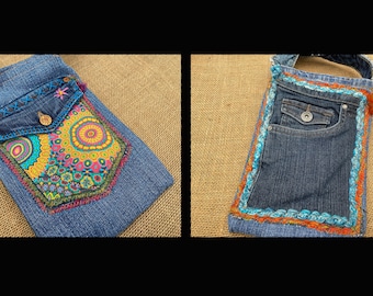 2-sided denim hippie pocket purse OOAK embellished hand made  boho repurposed jeans crossbody bag