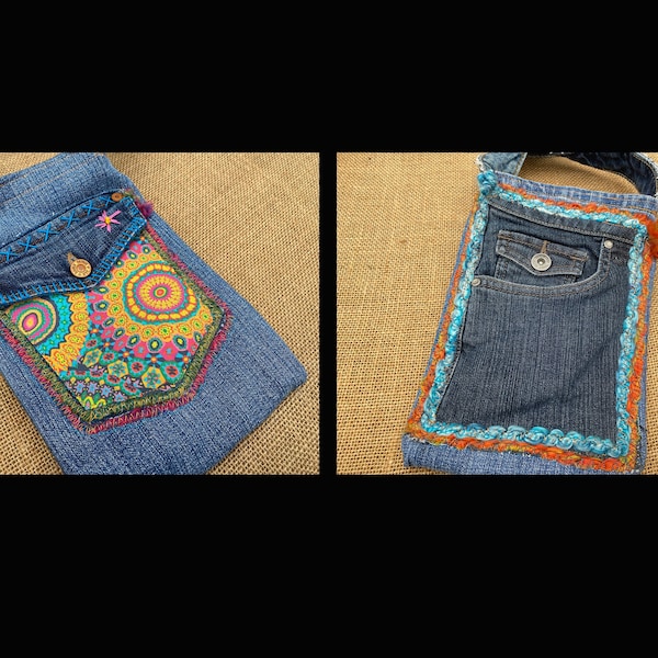 2-sided denim hippie pocket purse OOAK embellished hand made  boho repurposed jeans crossbody bag