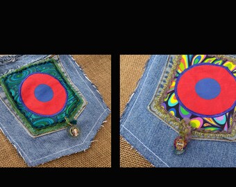 2-sided OOAK hand made Phish jeans pocket purse denim Fishman donut hippie bag Trey charms repurposed jeans