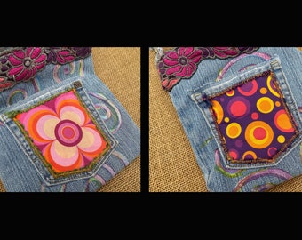 2-sided OOAK denim pocket purse shoulder bag pink orange purple hand made