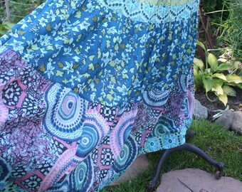 Purple and blue hippie skirt flare twirl twirling India print cotton layered Medium colorful gypsy boho maxi