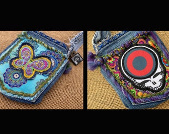 2-sided OOAK Grateful Dead Jerry Garcia charm denim pocket purse hippie Steal Your Face bag hand made small hippie bag
