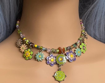 Colorful enamel flower and glass bead choker with Thai silver spacers  082250021