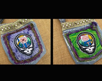 2-sided Steal Your Face Adventure Time Finn and Jake small denim pocket purse hippie shoulder bag boho OOAK hand made repurposed jeans