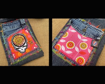 2-sided OOAK Grateful Dead denim pocket purse hippie Steal Your Face bag hand made hippie shoulder bag