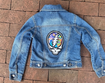 Little girl's Medium OOAK custom Grateful jean jacket,  Dead jean jacket, hippie jean jacket, OOAK hippie clothing, Steal Your Face