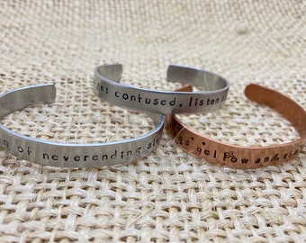 Grateful Lyrics cuff / hand-stamped hippie jewelry / Dead jewelry / What's Become of the Baby / Franklin's Tower / Scarlet Begonias