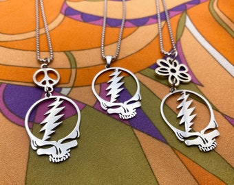 Steal Your Face stainless steel chain necklace with flower peace sign Grateful jewelry Hippie pewter necklace