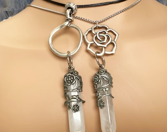 Quartz crystal and pewter charm necklace hippie gift boho jewelry charm holder